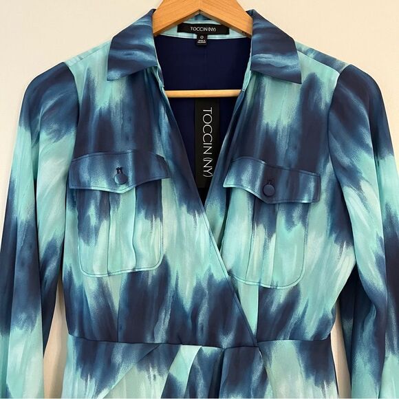 Toccin Tie Dye Wrap Front Long Sleeve Shirt Dress in Blue Size 0 NWT - Picture 3 of 11